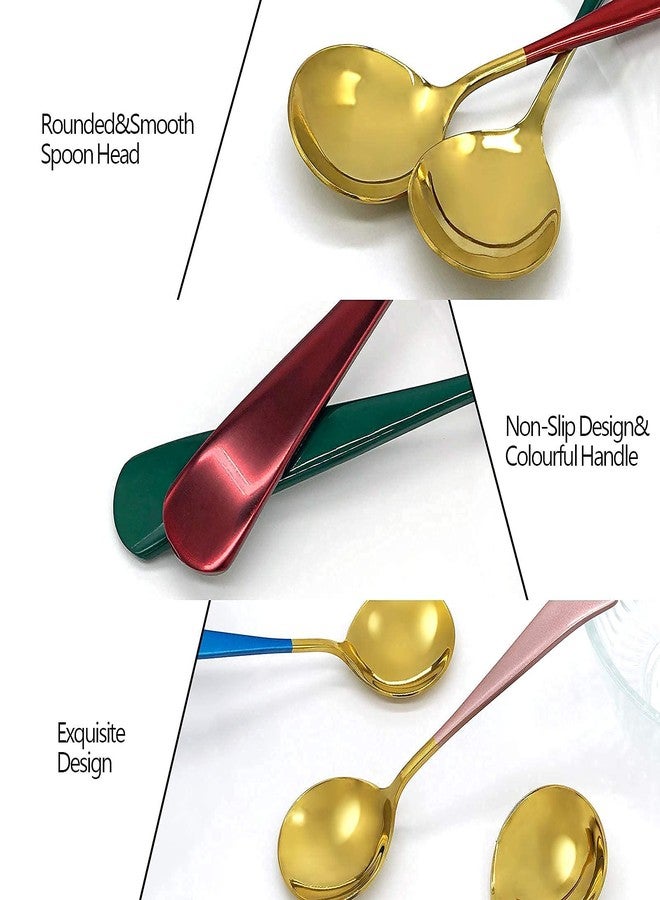 Mockery Soup Spoons, Stainless Steel Gold Colorful Round Head Table Spoons for Soup, 5 Piece Soup Spoons Set for Dinner Soup Cereal Dessert Fruit Dishwasher Safe - Image 2